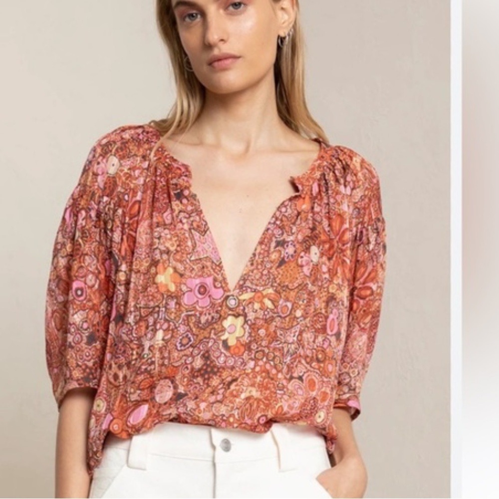 A.L.C. Pink and Orange Floral Print Peasant Blouse